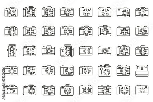 Camera line icon big set. Photo equipment collection. Vector graphic illustration. Photography symbol for digital, vintage, film, SLR, instant and mirrorless camera design.