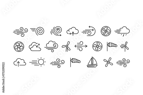 Wind and breeze icons set vector. Weather symbols collection including gust, tornado, fan, cloud with wind, wind turbine, sailboat, wind sock, air flow signs for climate, nature, and energy.