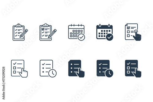 Checklist and Calendar Icons Set with Pencil, Hand Cursor, Check Marks, Planning and Scheduling Concepts for Task Management and Productivity