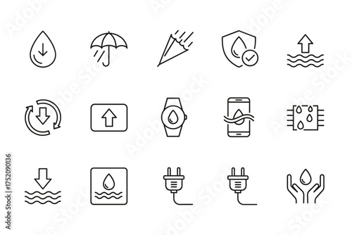 Waterproof line icon set. Water resistant and repellent symbols. Technology and electronics protection. Gadget safety. Flood, rain, liquid proof. Water conservation, recycling.