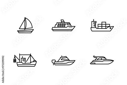 Boat and ship line icon set. Sea transport vector collection. Water transportation signs. Includes sailboat, cruise ship, cargo vessel, fishing trawler, speedboat, luxury yacht.