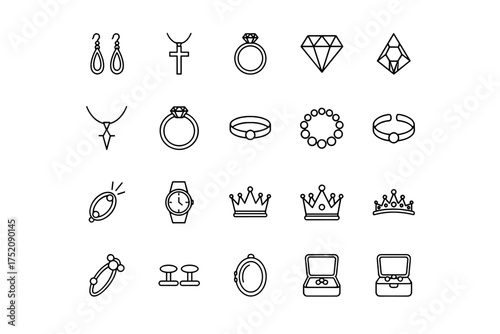 Jewelry and accessories line icon set. Vector outline symbols collection of fashion items like rings, necklaces, earrings, bracelets, crowns, watches, and diamonds. Precious gems.
