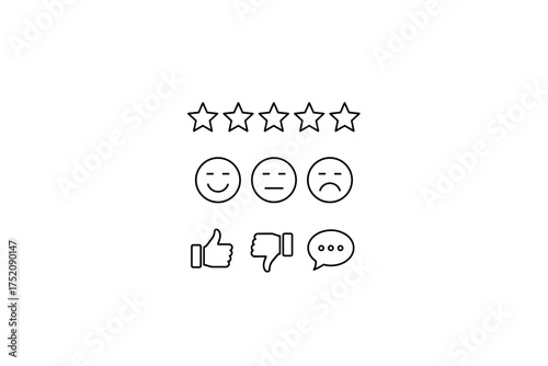 Customer feedback icons set with five stars, happy neutral sad faces, thumbs up and down symbols and chat message, rating, review, and communication symbols