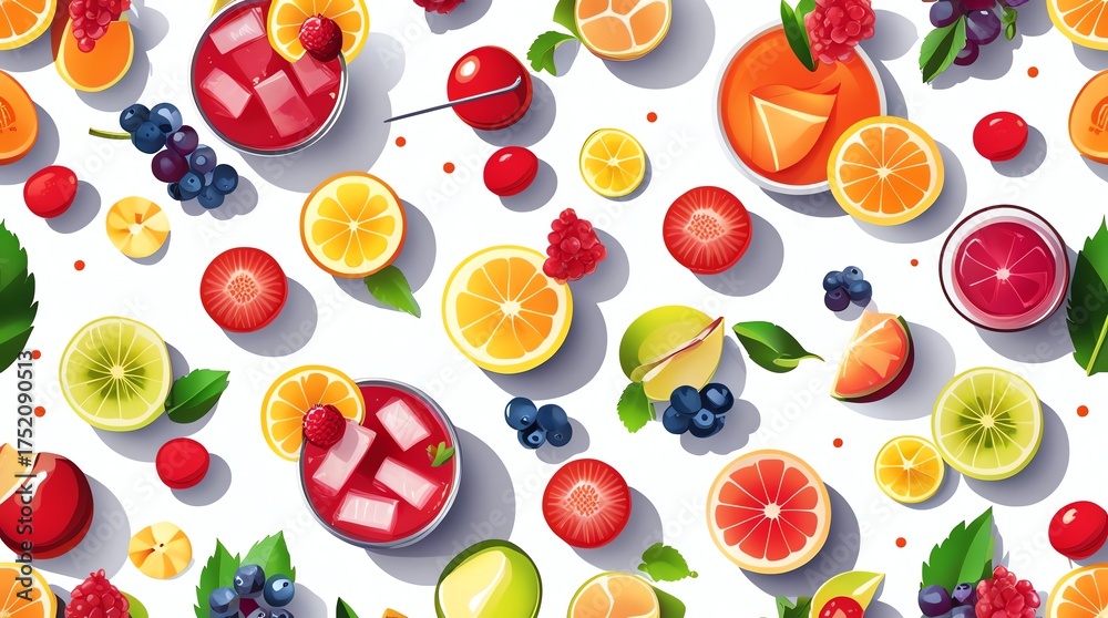 Obraz premium A vibrant pattern of assorted fruits and drinks artfully arranged on a white background