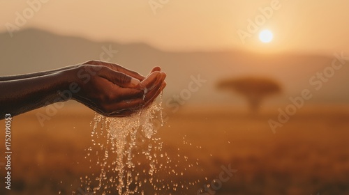 Close-up of African hands cupping clean water, which is splashing and dripping down, set against a blurred golden savanna landscape with a sunset