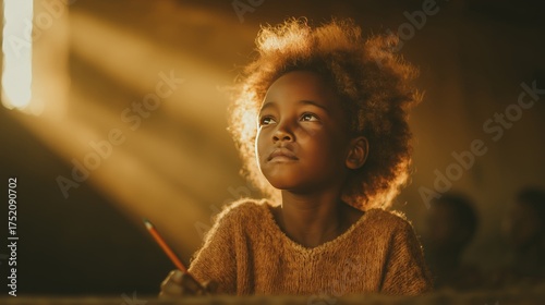 Young African girl drawing with pencil, looking up thoughtfully, illuminated by dramatic sunlight streaming through a window.