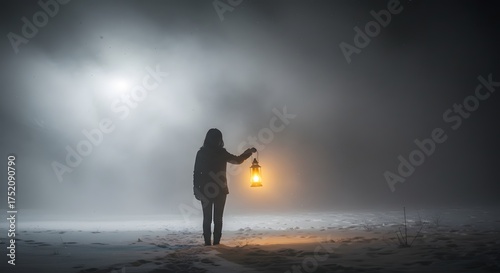 Silhouette of a person holding lantern, surrounded by fog and snow.