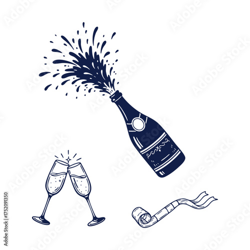 Champagne Bottle Flutes Party Horn Christmas Silhouettes