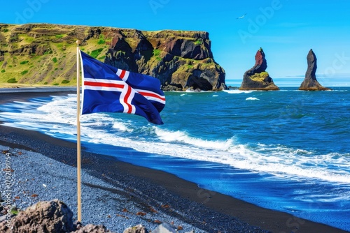Icelandic flag waving on a black sand beach with stunning rock formations and clear blue sea