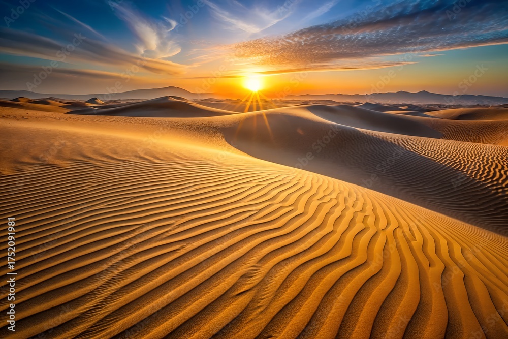 Naklejka premium Golden sunrise over the sand dunes of the sahara desert in morocco, africa