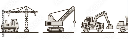 Construction vehicles set with crane bulldozer excavator roller machine industry equipment machinery engineering technology outline isolated on white background