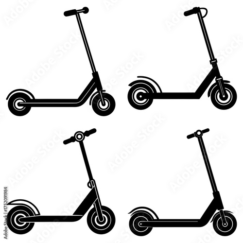 Four black silhouette electric scooters arranged on a white background in a simple vector illustration