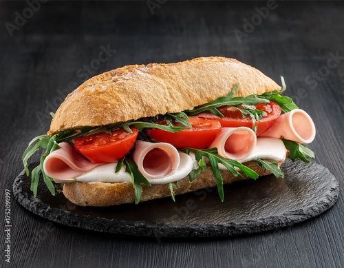 delicious italian sandwich with mozzarella tomato ham and arugula on dark slate board