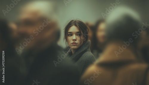 Young Woman Experiencing Discomfort In Indoor Setting, Focused On Selective Individuals. A Feeling Of Uneasiness In Crowded Indoor Gatherings.