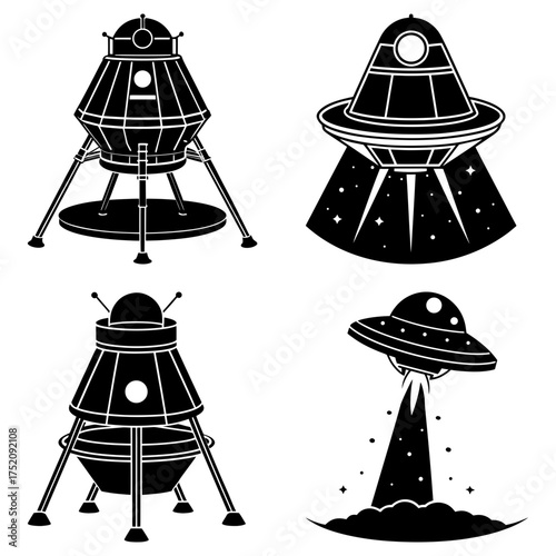 Four black and white illustrations of space vehicles and flying saucers in simple graphic style