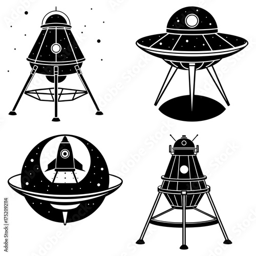 Collection of four black and white space themed icons featuring spaceships and flying saucers designs