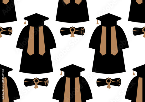 Graduation cap, graduation gown. Seamless pattern with traditional graduation gowns