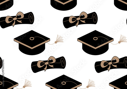 Seamless Pattern with Graduation Caps and Gold Stars. Graduation Cap Seamless Pattern. For invitation, banner, poster, postcard