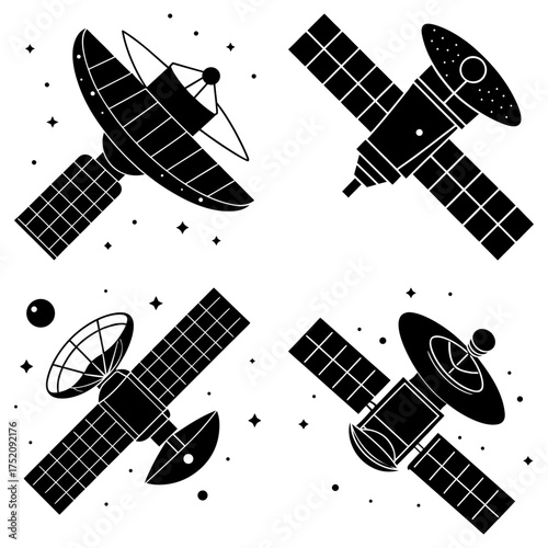 Illustration of four black and white satellites with solar panels and antennas in space with stars