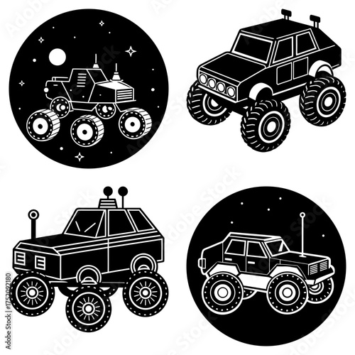 Four black and white illustrations of vehicles including a rover and monster trucks on backgrounds