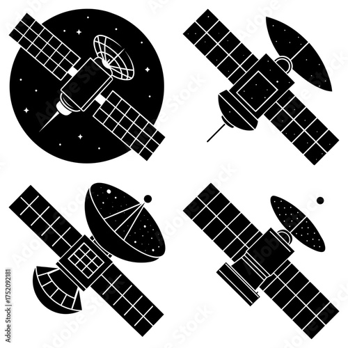 Four black and white satellite illustrations with solar panels and antennas in various orientations