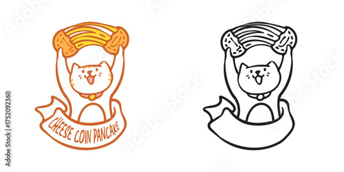 Cheese coin pancake ready use logo with concept of cat wandering pull long mozzarella melt cheese inside the cake,  and long decorative ribbon cute playful cartoon character design style