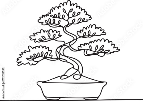 Continuous one line drawing of a beautiful bonsai tree in a pot showing elegant minimalist outline art and nature-inspired design