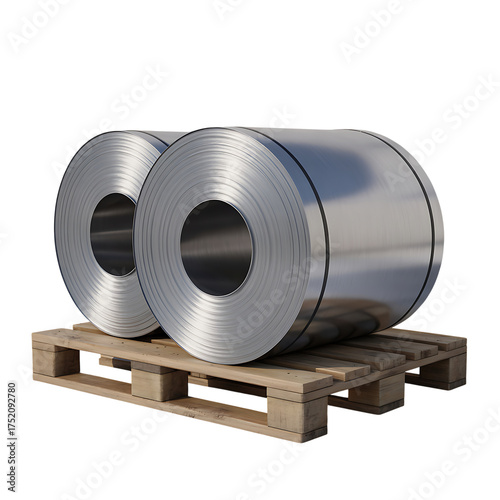 Metal coil rolls on wooden pallet industrial storage and manufacturing material logistics isolated on transparent background