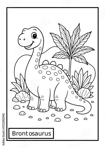 Cute Cartoon Brontosaurus Dinosaur Coloring Page Outline Vector