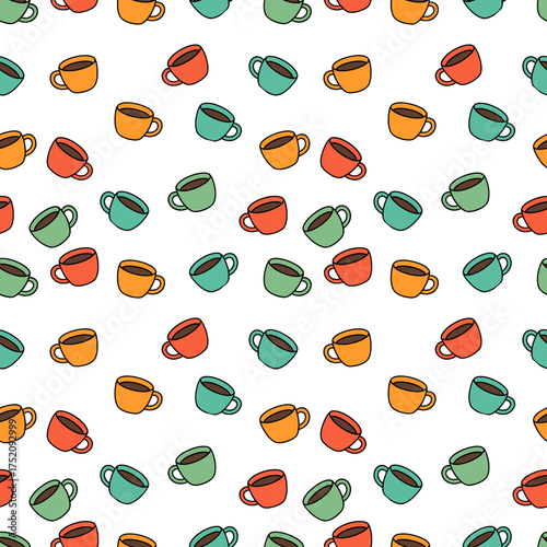 Seamless pattern of colorful coffee cups randomly scattered on transparent background 