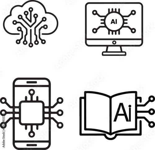 Artificial Intelligence and Computing Technology Line Icons Set