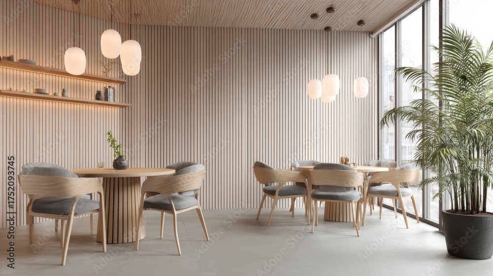 Fototapeta premium Scandinavian cafe interior with wooden furniture and minimalist natural lighting