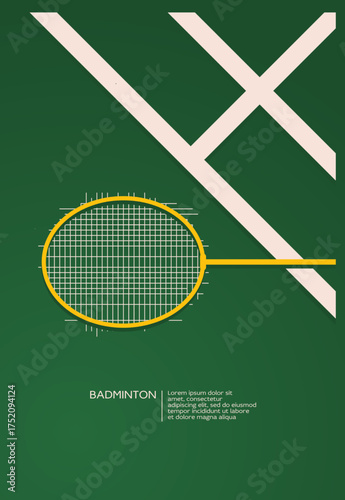 A minimalist badminton poster showing a yellow racket on a green court background with clean lines and geometric design, representing the elegance and energy of the sport.