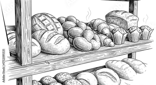 Bakery display with freshly baked assorted bread in store or bakery engraving sketch hand drawn style black and white vintage illustration vector