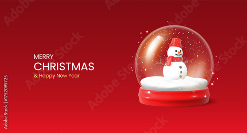 Christmas glass snow globe with snowman on red background. Realistic 3d Xmas and New Year holiday poster.