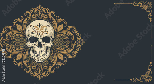 Ornate skull illustration with intricate floral design on dark background  
