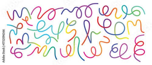 Abstract colorful wavy lines and scribbles forming a playful and energetic pattern on a white background