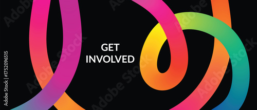 Abstract swirling rainbow ribbons with the words get involved on a black background