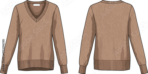Knitted sweater fashion illustration, front and back view, V-neck pullover design, long sleeves, ribbed cuffs, hem, light brown textured pattern, blue trim accents