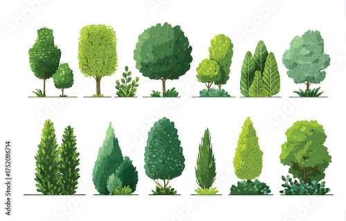 Diverse collection of ornamental trees and shrubs vector design elements for landscape projects and ecological studies