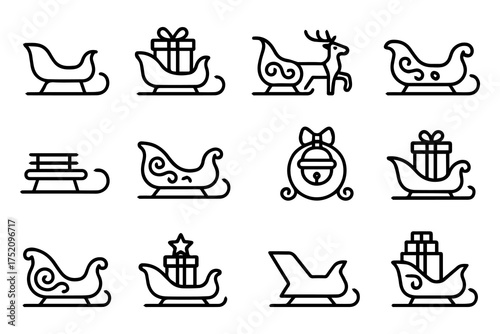 Festive sleigh rides with reindeer and gifts line art Christmas