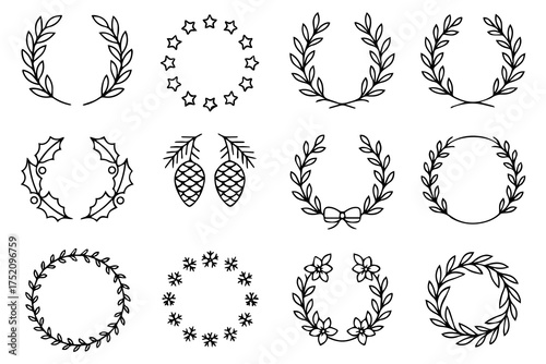 Floral wreath vector collection of hand drawn botanical elements. Vintage flower branches, leaf laurel design silhouettes.
