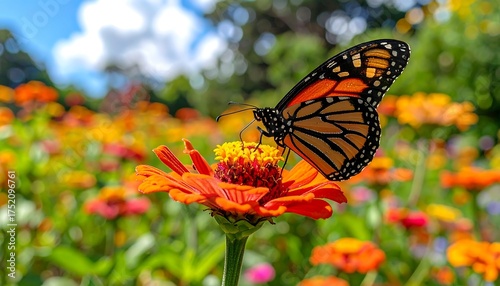 A monarch butterfly, with orange, black, and white wings, rests on a vibrant orange flower in a sunny garden. Other flowers surround it