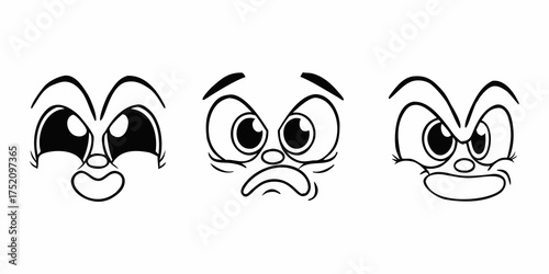 Cartoon face with facial expressions, cute emoji faces, comic character reaction, emotions icons, funny eyes and mouth elements for animation, stickers. Vector vintage mascot isolated set