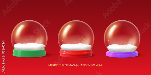 3d Realistic Christmas Glass snow globe set. Winter Xmas Design Elements. Transparent empty sphere decor elements.