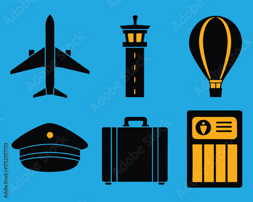 Air travel symbols airplane, control tower, hot air balloon, pilot hat, luggage, boarding pass. Essential icons for aviation, airport themes.