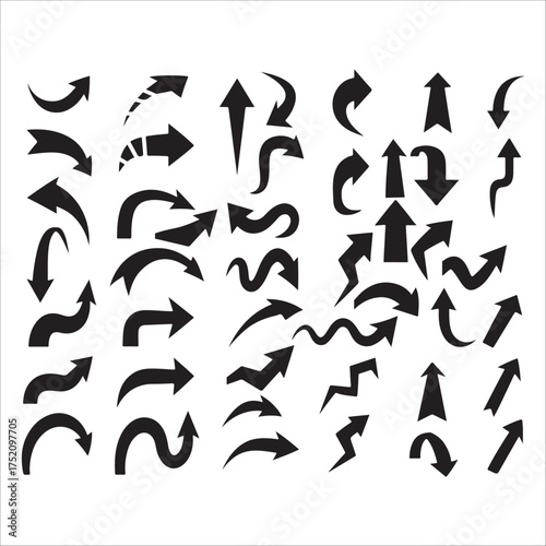 This image displays a collection of diverse black arrow icons. They vary in shape, size, and direction, including straight, curved, pointed, and even some with looping tails. The arrows are presented 