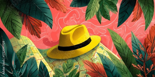 This colorful artwork showcases a yellow hat on a map, surrounded by lush tropical foliage. The bright colors create a lively and adventurous mood.
