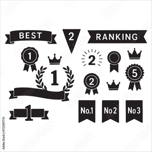 This image is a collection of black and white vector graphics representing awards and rankings. It features elements like banners, medals, crowns, laurel wreaths, and pennants displaying numbers 