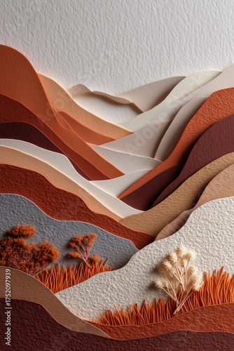 A stunning representation of mountains crafted from layered paper, featuring warm earthy tones and intricate textures that evoke a sense of depth and serenity.